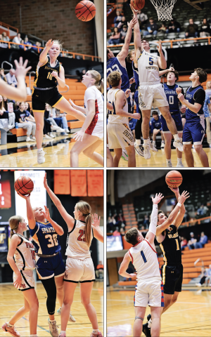 Players from Wolsey-Wessington and Wessington Springs compete during 281 Conference Tournament. Clockwise from top left are: Shae Uttecht, Colby Flowers, Caleb Richmond and Kendall Kolousek. (KRISTI HINE / TRUE DAKOTAN)