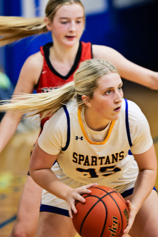 Wessington Springs’ Kerstynn Heim competes during home action against Highmore-Harrold on Jan. 3. Heim finished with seven points and 10 rebounds, while Mebius added six points in the Spartans’ holiday break contest. (KRISTI HINE / TRUE DAKOTAN)