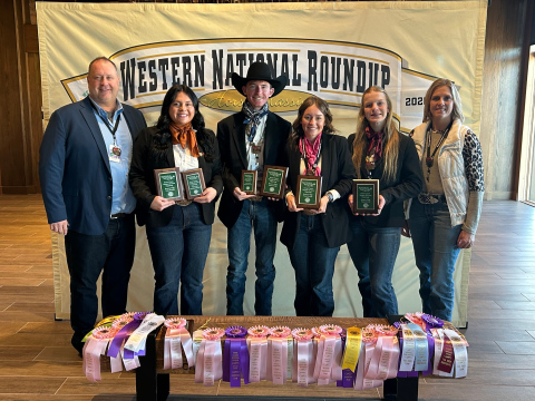 The SDSU Extension hippology team made up of Delaney Zoss, Sanborn County; Hayden Talsma, Bon Homme County; Aedan Klawonn, of Lake County; and Isabella Kolousek, Buffalo/Jerauld counties won second place at the 2026 Western National Roundup in January in Denver, Colorado.