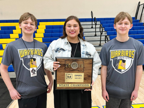 Jackson and Jayden Eggleston “The Twins” won the 2026 state championship title in Mario Kart. They are shown with Esports coach Haley Asimakopoulos.