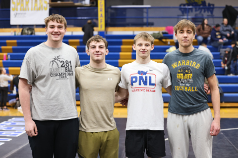 Four WS-W-WW Warhawks earned spots at the State Wrestling Tournament after strong performances at last week’s regional meet in Winner. From left are Wessington Springs High School sophomore Jaspur Gran, Wolsey-Wessington High School senior Ethan Rearick, Wolsey-Wessington High School junior Jacksen Carter and Wessington Springs High School sophomore Carson Finn. 