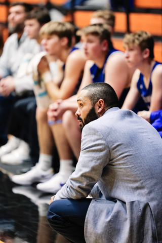 Spartan boys basketball head coach Joey Mitchell directs his team from the sideline during recent action. Mitchell said the Spartans are continuing to build chemistry and focus as they prepare for Friday’s regular-season finale against rival Sanborn Central/Woonsocket. (TRUE DAKOTAN FILE PHOTO)