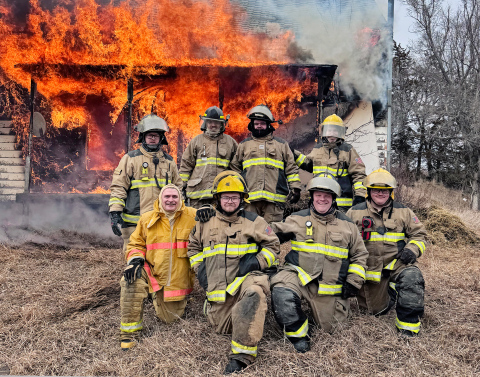 Area firefighters take part in a live burn training during Firefighter I and II certification hosted by Wessington Springs Volunteer Fire Department (WSVFD). Pictured are (back, from left) WSVFD fireman Erik Kurth, Kolby Sinkie of Pukwana Volunteer Fire Department , WSVFD firemen Aryan Schooler and Jonathan Jooste; (front, from left) instructor Brian Baldwin, WSVFD firemen Tyler Fastnacht, Blake Willman and Coy Fastnacht. (PHOTO COURTESY WSVFD)