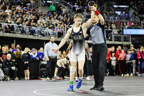 Warhawk wrestler Jacksen Carter won the Class B 138-pound state championship in Rapid City, finishing the season with a perfect 42-0 record. (PHOTO COURTESY KYLE CARTER)