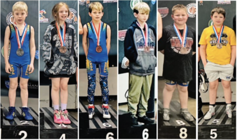 Pictured (from left) are Pony Hills wrestlers Brecken Jensen (second), Mary Tanke (fourth), Kix Coleman (sixth), Kaddilac Coleman (sixth) and Hayes Cashman (eighth), along with Wolsey-Wessington wrestler Callen Carter (fifth). 