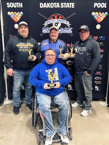  Members of the Soak and Suds team: Front, Josh Luckett of Wessington Springs; Back (from left) Jeff Ashley of Kimball, Wayne Willman of Gann Valley, Shane Namanny of Kimball. The team placed second at the 2026 South Dakota State Valley 8-Ball Tournament in Brookings.