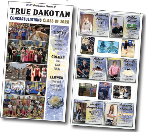 Examples from last year’s True Dakotan Senior Section show full-color pages honoring Wessington Springs High School graduates, a keepsake made possible through community support. In 2026, the tradition will grow to include Wolsey-Wessington High School seniors.
