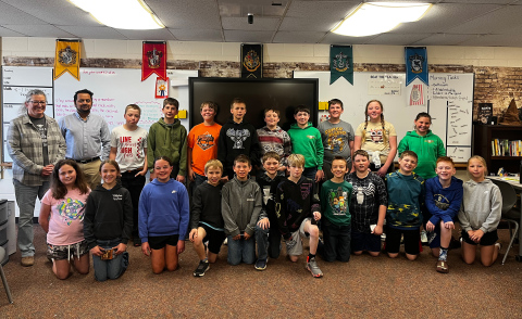 Fifth-grade students at Wessington Springs Elementary took part in a hands-on Arbor Day activity led by Lokesh Bhattarai of the State Resource Conservation Forestry Division and Lisa Sall of the Jerauld Co. Conservation District. (PHOTO COURTESY LEXI JOHNSEN)