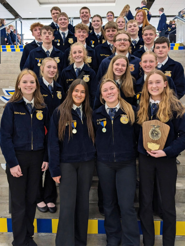 Wessington Springs FFA members turned in a strong showing at the 2026 South Dakota State FFA Convention, April 20–22 in Brookings, earning team success, individual honors and statewide recognition. From back, left to right: Wyatt Arhart, JR Hine, Mercedes Jones, Brooklyn Caffee; Haiden Boschee, Max Klein, Addy Orth, Ella Kolousek; Teagan Scheel, Tucker Thompson, Rylan Fagerhaug, Hayes Christensen; Lily Roesler, Holden Jackson, Kohen Mebius, Chase Dunsmore; Tenley Olinger, Madilyn Gaikowski, Alexis Roesler; 