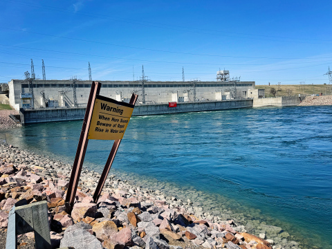 The Missouri River is shown at the Big Bend Dam near Fort Thompson, S.D., on April 10, 2026. (PHOTO: BART PFANKUCH / SOUTH DAKOTA NEWS WATCH)