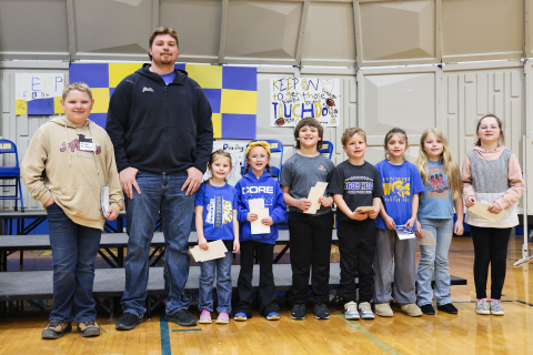1st grade Shown with Principal for the hour Will Arhart and Quinten Christensen, AR award recipients are: Harper Sealey, Leelin Polly, McCrae Nickels, Harvey Cashman, Lucy Cashman, Aurora Olson, Harlowe Harmdierks. Not pictured: August Getman.