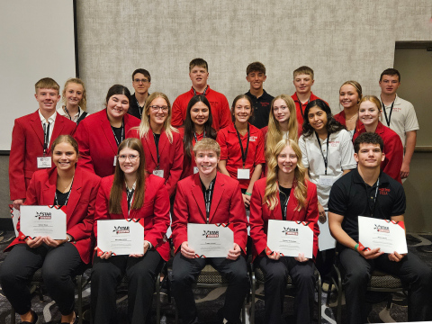 Wessington Springs FCCLA members are shown at the 2026 State Leadership Conference. Shown back row, left to right are: Lily Roesler, Drake Tobin, Micah Orth, Grayson Finn, Cole Wenzel, Londyn Mikkelson, Emmitt Feistner. MIDDLE ROW: Sutten Jensen, Tierney Knipfer, Kendall Kolousek, Katie Hernandez, Kenzie Kolousek, Tenley Olinger, Eiza Ciciliano, Jalene Reiner. FRONT ROW: Kaitlyn Braun, Mercedes Jones, Tregen Jensen, Sydney Richardson, Hayes Havlik. PHOTO COURTESY CHARLOTTE MOHLING)