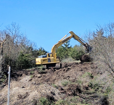 Crews with Feistner Gravel and Excavation use an excavator to clear trees along a steep hillside southwest of City Park for the Mid-Dakota Rural Water connection project.  (MIKE MEBIUS / TRUE DAKOTAN)