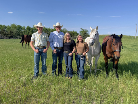 The Fagerhaug family on their family’s Wessington Springs Ranch: Wyatt, Owen, Shannon and Ella. Pictured with rodeo horses Ray and Socks. Rodeo has always played a big role in this family’s life. (PHOTO: SDFU)
