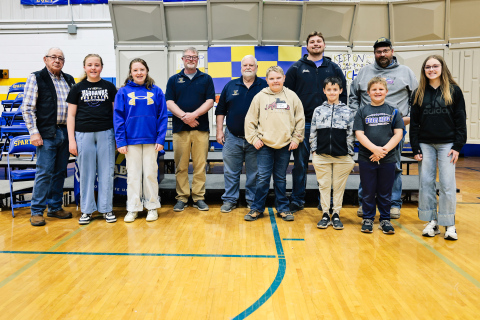 Pictured, from left, are local Shriner Roger Dwyer, Maxon Finn, Quinn Everson, Shriners Chris Schimke and Fred Krohmer, Principal-for-an-Hour Wyatt Arhart, Quinten Christensen, Adam Knippling, Hayes Cashman, Shriner Wade Christensen and Kenzie Bartel. (KRISTI HINE / TRUE DAKOTAN)