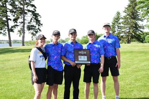 The Wessington Springs boys golf team poses with its fifth-place plaque following the South Dakota Class B State Golf Tournament in Brookings. Pictured, from left, are Head Coach Regina Teveldal, Tucker Thompson, Heyns Bothma, JD Thompson and Luke Larson. (PHOTO COURTESY RON THOMPSON)