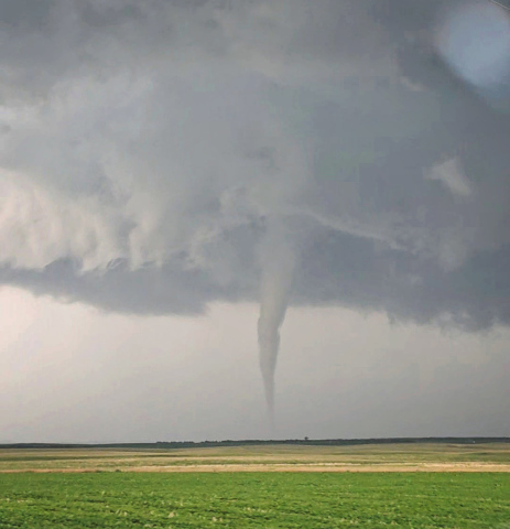 A tornado with visible rotation touches down about 13 miles west of Wessington Springs along Highway 34 on Thursday afternoon, July 2. The tornado prompted a warning for Jerauld and Buffalo counties as first responders and storm spotters monitored the storm’s path. Despite heavy rain, hail and strong winds, no property damage was reported in Jerauld County. (PHOTO COURTESY JERAULD COUNTY SHERIFF JASON WEBER)