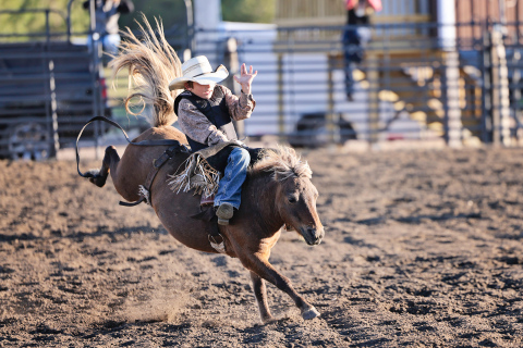 In last year’s Bad River Youth Rough Stock Rodeo held in Wessington Springs, Tatyn Hins competed in the Bareback, Saddle Bronc and Bull riding events in the 6-8 age category. The event drew over 500 youth to the Jerauld County 4-H grounds. This year’s event is scheduled for Sept. 13, 2026. (TRUE DAKOTAN FILE PHOTO)