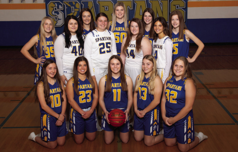 SPARTAN GIRLS BASKETBALL 2022-23 PHOTO COURTESY MARK’S PHOTOGRAPHIC IMAGES BACK ROW LEFT TO RIGHT: Kerstynn Heim, Harlee Heim, Carissa Scheel, Kirstie Munsen, Avery Orth, Riley Roduner, Addy Orth, Kate Havlik, Masynn Mebius. FRONT ROW: Logan Mohling, Alyssa Grohs, Ashlyn Weber, Raylee Fagerhaug, Alicia Collins.