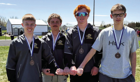 The boys’ two-mile relay team of Max Mebius, Sutten Jensen, Ezra Anson and Nolan Schaller placed fifth in 9:24.44 at the Greenway Relays. (PHOTO COURTESY BECKY BELL-KRUEGER)