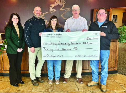 From left, Jamie Farmen, SD Community Foundation, presents the challenge grant to Wolsey Community Foundation board members Ted Haeder, Donna Haeder, Jim Babcock and Robert McGillvrey (not pictured Melva Beals). (PHOTO COURTESY SOUTH DAKOTA COMMUNITY FOUNDATION)