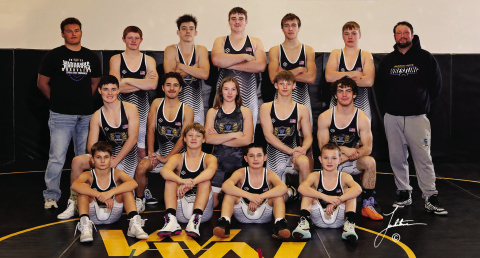SHOWN FRONT ROW, LEFT TO RIGHT: Parker Couch, Ben Carter, Lorin Schaller, Liam Mees. CENTER: Chase Dunsmore, Corey Roberts, Camille Rearick, Jacksen Carter, Ethan Rearick. BACK ROW: Coach Keegan Haider, Tanner Johnsen, Rio Zaher, Jaspur Gran, Carson Finn, Hayes Christensen and Head Coach Adam Haake. (PHOTO COURTESY LANDSTROM PHOTOGRAPHY)