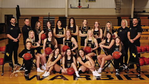 SHOWN BACK ROW, LEFT TO RIGHT: Assistant Coaches Colton Ketelhut and Michael Eichstadt, Eastlyn Burton, Ana Carmona, Preslie Jensen, Tyla Boomsma, Juliana Lind, Kaydence Sievers, Assistant Coach Lindy Uttecht, Head Coach Josh McGillvrey. CENTER: Shae Uttecht, Payton Peterson, Maria Nelson, Kendal Uttecht, Taylor Eichstadt. FRONT: Raya Toupal, Kenley Miedema, Lily Toupal. (PHOTO COURTESY LANDSTROM PHOTOGRAPHY)