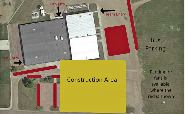 With construction currently underway at the Wessington Springs Elementary School, parking and entrances have been reworked to accomodate fans and visiting teams. Wessington Springs School District issued the map above detailing where teams should enter and where fans can park and enter the facility. Fans are to enter at north center door or southwest door and park in the areas highlighted in red.
