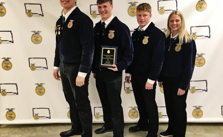 Shown left to right are State FFA Convention third place winning Agricultural Business Management team: Quinten Christensen, Kaden Wolter, Carter Grohs, Cheyenne Burg.