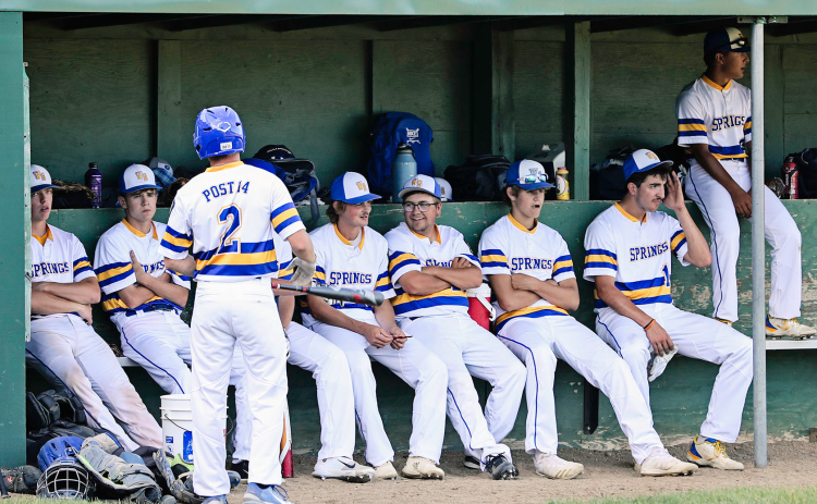 TOP: Wessington Springs Post 14 gave home fans a win last Friday at David Jost Memorial Field. Shown in the dugout left to right are: Landon Cleveland, Austin Schimke Dylan Schimke, Clay Olinger, Tyler Fastnacht, Kade Olinger, Mason Schelske and Cale Mohling.