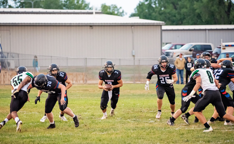 Blackhawks quarterback Holden Havlik (7) had 64 passing yards during Friday’s game vs. McCook Central / Montrose. PHOTO COURTESY J. Von Eye Images