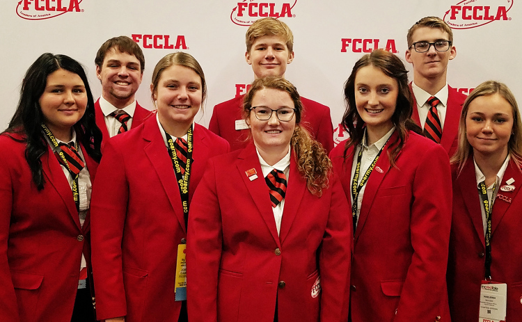 Eight members of the Wessington Springs Senior FCCLA Chapter left for Columbus, Ohio on November 9 to compete at the National Fall Leadership contest with their advisor, Charlotte Mohling. The participants were (shown left to right) Harlee Heim, Carson Hainy, Kirstie Munsen, Branden Flowers, Riley Roduner, Carissa Scheel, Jack Neely and Haeleigh Mulder.