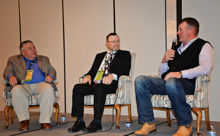 PHOTO COURTESY SDFU There is opportunity for growth in direct marketing beef from producers to consumers, this was the focus of a panel discussion held Dec. 16 during the South Dakota Farmers Union (SDFU) State Convention in Huron. Panelists include Scott Blubaugh (left), Oklahoma rancher and President of American Farmers & Ranchers, a state Farmers Union organization; Wessington Springs, South Dakota cattle producer Scott Kolousek (far right). The panel was moderated by South Dakota Farmers Union President