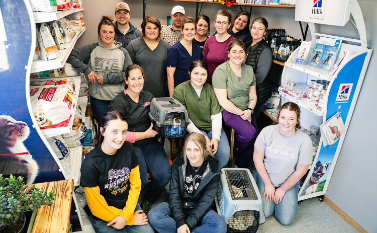 It was”all hands on deck” during WSHS student Harlee Heim’s cat spay/neuter clinic she organized as part of her senior project. Held at Prairie View Veterinary Clinic in Wessington Springs with surgeries and procedures performed by veterinary staff, the project’ spayed/neutered 50 feral and/or companion animal cats. Shown in the back row, left to right are: Vet Tech Rachael Martinmass, Vet Assistant Gavin Machtemes, Dr. Hailey Ehlers, Chris Heim, Dr. Casey Duxbury, Meggin Heim, Dr. Katie Hunsucker-Brown, Sh
