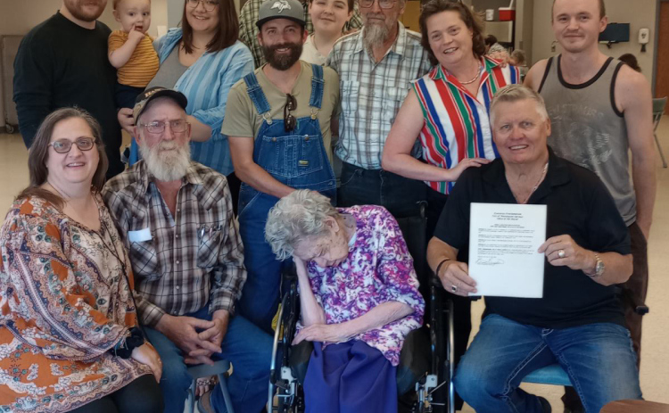 Shown at Weskota Manor Avera during Evelyn Weaver’s 100th birthday party are, back row: Thomas Jensen holding Ezra Jensen, Moriah Jensen, Jamie Weaver , Shaun Jensen, Coltan Jensen, Richard Weaver, Tarea O'Donnell, Billy O'Donnell. Front row: Kim Jensen, Les Weaver, Evelyn Weaver, Mayor Brian Bergeleen.
