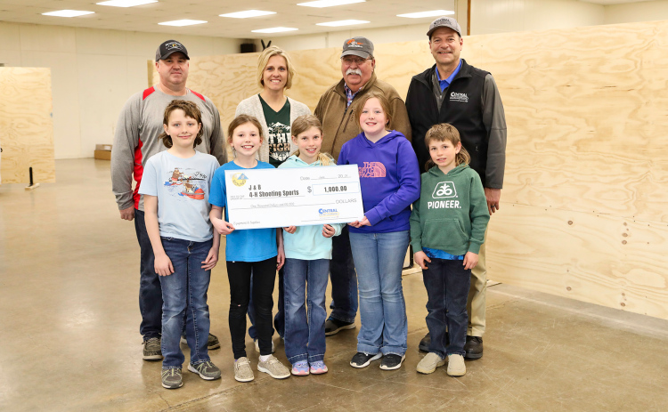 Central Electric Cooperative presented a $1,000 Operation Round-Up grant to J&B 4-H Shooting Sports on April 10. Shown left to right, back row: Aaron Roesler, J&B 4-H Shooting Sports Treasurer; Amber Kolousek, Operation Round Up Board Member; Mark Reindl, Central Electric Board Member; Ken Schlimgen, Central Electric Cooperative General Manager. Front row, left to right: J&B Shooting Sports 4-Hers Myles Tanke, Torree Olinger, Crawleigh Reiner, Quinn Everson and Kershaw Reiner.    