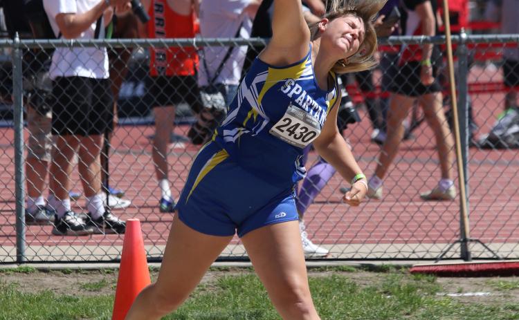 Avery Orth left her mark in girls shot put as she walked out of the ring to stand up on the podium in 2nd place for girls Class B. Her season’s best remains the school record, 40’ 8.” PHOTO COURTESY SDPB