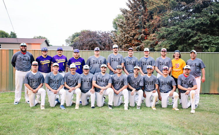 Shown after round one victory at the Class B Amateur Baseball State Tournament are, left to right, back row: Trevor Kennobie, three pick up players from Plankinton, Parker DeJean, Mason Schelske, Isaac Kolousek, Landon Cleveland, Camden Jost, Tyson Lein, Joe Butterfield. Front row, left to right: Blake Larson, Dylan Schimke, Clay Olinger, Coy Fastnacht, Dalton Mogck, Lucas VanEnglenburg, Terrek Butterfiled, Cade Mohling, Cale Mohling, Drew Olinger.