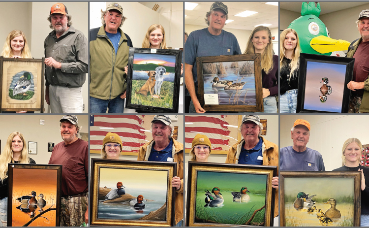 Since 2016, visiting hunter Dean Van Dam has returned home to New Mexico with much more than tales from the field. Every year upon returning to Wessington Springs he makes a point of attending the Ducks Unlimited Annual Banquet to purchase an original painting by local artist Kenzee Schafer. Shown above are Schafer and Van Dam with the Schafer’s artwork he has won at auction since 2016. PHOTOS COURTESY JEANNA SCHAFER