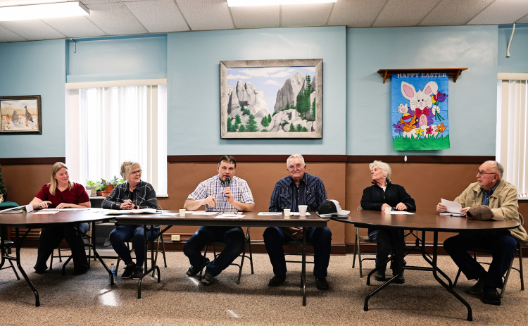 (KRISTI HINE / TRUE DAKOTAN) Members of the Jerauld County Planning Commission met to discuss two conditional use permits for New Port Colony on Friday, March 28, 2025. Shown left to right are: Christina Karsky, DeVonne Losing Doug Bruckner, Dick Kolousek, Cindy Eilers and Bernard Olinger.