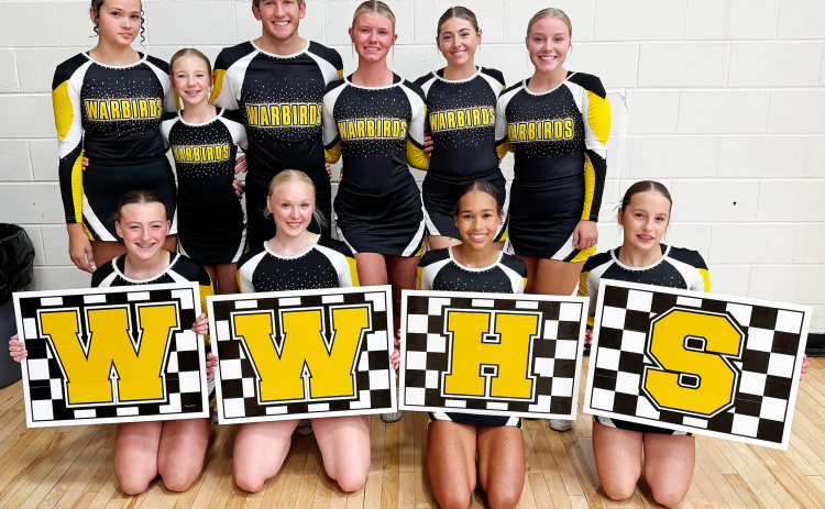 Warbird Competitive Cheer Team – Front row (L–R): Skye Tschetter, Amanah Woodruff, Abigail Huntsinger, Raya Toupal. Back row (L–R): Preslie Jensen, Taryn Rainford, Carson Walters, Allison Hulst, Lily Hoverson, Shae Uttecht. (PHOTO COURTESY BRANDEE KELSEY)