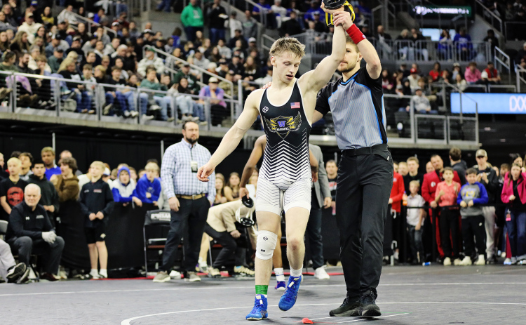 Warhawk wrestler Jacksen Carter won the Class B 138-pound state championship in Rapid City, finishing the season with a perfect 42-0 record. (PHOTO COURTESY KYLE CARTER)