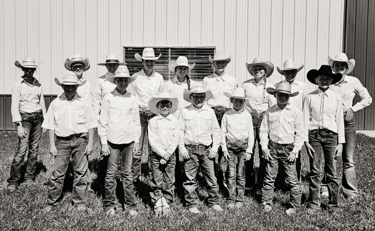 Back Row: Audrey DeCoste, Ella Kolousek, Sarah Poncelow, Hannah Heezen, Abigail Kolousek, Raylee Fagerhaug, Rylan Fagerhaug, Caroline Witte. Front Row: Connor Karsky, Lily Roesler, Kaddilac Coleman, Kopper Kroeplin, Crawleigh Reiner, Parker Karsky, Alexis Roesler. The 2023 Jerauld/Buffalo County Horse Show was held on Thursday July 6 at the Jerauld County 4-H Horse Arena with Mysty Schaunaman as the judge. Area youth made up 16 exhibitors participating in a variety of events.