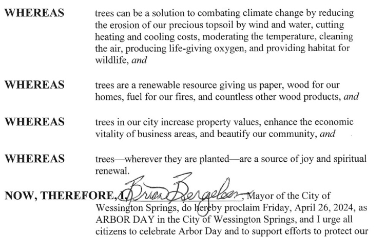 Mayor Proclaims Friday, April 26, 2024 Arbor Day in City of Wessington Springs