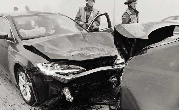 Emergency workers examine a November 2021 multi-car accident in Lincoln County that was caused by fog but also driver distraction. PHOTO: COURTESY SOUTH DAKOTA HIGHWAY PATROL