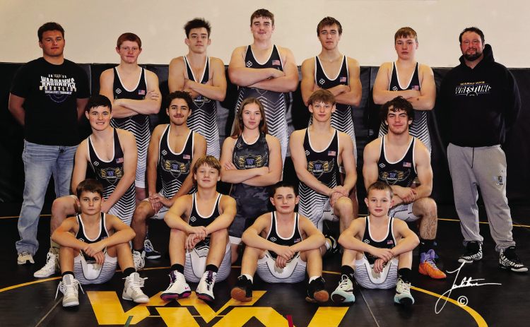 SHOWN FRONT ROW, LEFT TO RIGHT: Parker Couch, Ben Carter, Lorin Schaller, Liam Mees. CENTER: Chase Dunsmore, Corey Roberts, Camille Rearick, Jacksen Carter, Ethan Rearick. BACK ROW: Coach Keegan Haider, Tanner Johnsen, Rio Zaher, Jaspur Gran, Carson Finn, Hayes Christensen and Head Coach Adam Haake. (PHOTO COURTESY LANDSTROM PHOTOGRAPHY)