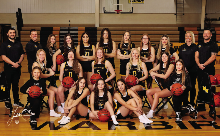 SHOWN BACK ROW, LEFT TO RIGHT: Assistant Coaches Colton Ketelhut and Michael Eichstadt, Eastlyn Burton, Ana Carmona, Preslie Jensen, Tyla Boomsma, Juliana Lind, Kaydence Sievers, Assistant Coach Lindy Uttecht, Head Coach Josh McGillvrey. CENTER: Shae Uttecht, Payton Peterson, Maria Nelson, Kendal Uttecht, Taylor Eichstadt. FRONT: Raya Toupal, Kenley Miedema, Lily Toupal. (PHOTO COURTESY LANDSTROM PHOTOGRAPHY)