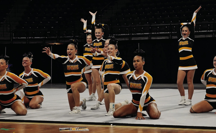 The Wolsey-Wessington competitive cheer team performs at the South Dakota Class A State Competitive Cheer Championships on Saturday, Oct. 24, at The Monument in Rapid City. The Warbirds earned 249 points to capture their third consecutive Class A small squad state championship, capping a season that included four first-place finishes. (PHOTO COURTESY SDPB)