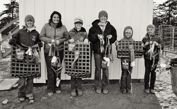 All Around Champions shown left to right: Grand Champion Senior: Bailey Feistner, Reserve Champion Senior: Delaney Zoss, Grand Champion Junior: Lily Roesler, Reserve Champion Junior: Kahris Tapio, Grand Champion Beginner: Magda Martinez, Reserve Champion Beginner: Hallie Hayford