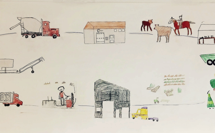Students at Spring Valley Colony School display a completed mural illustrating how the colony supports itself, with each student contributing a drawing that was enlarged onto butcher paper with assistance from Mark Rosdail. (PHOTO COURTESY SPRING VALLEY COLONY K-8 TEACHER LORIE THOMAS)